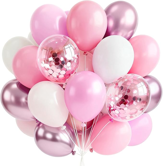 PartyWoo Pink and White Balloons 66pcs 12 Inch Light Pastel Baby Metallic Pearl Pink Matte White Confetti Balloons for Gender Reveal Wedding Bridal Girl Baby Shower Princess Birthday Party Decorations