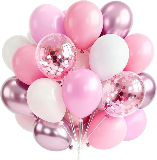 PartyWoo Pink and White Balloons 66pcs 12 Inch Light Pastel Baby Metallic Pearl Pink Matte White Confetti Balloons for Gender Reveal Wedding Bridal Girl Baby Shower Princess Birthday Party Decorations