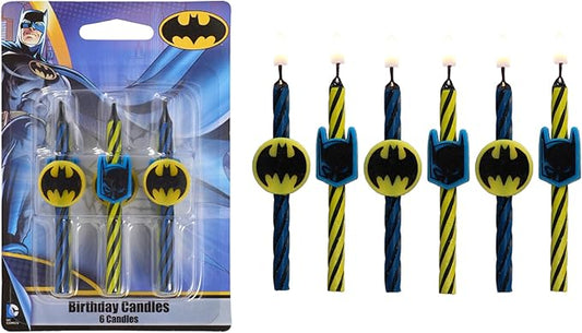 Batman™ Birthday Cake Candles | 6 Birthday Candles for Cake Decorations, Black, Yellow, & Red Striped Candles, Cake Toppers for Batman Party