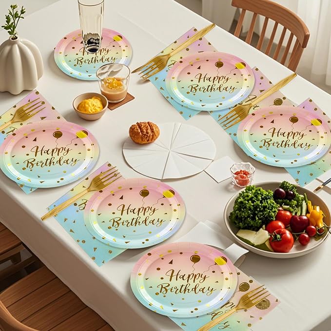 48PCS Happy Birthday Plates and Napkins Party Supplies, Colorful and Gold Disposable Paper Plates and Napkins with Forks Tableware Set for Birthday Party Decorations 16 Guests (Colorful)