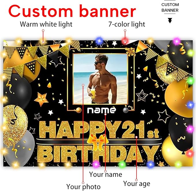Dicodes Custom Black and Gold Theme Birthday Banner for Party Happy Birthday Backdrop Decoration Personalized with Name and Photo