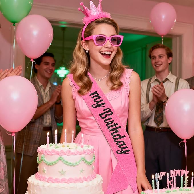 Happy Birthday Decorations Set - Pink & Green Witch Themed “It's my Birthday ” Sash with Glitter Foil for Girl, Happy Funny Birthday Decorations Accessories for Women Party Favors Supplies