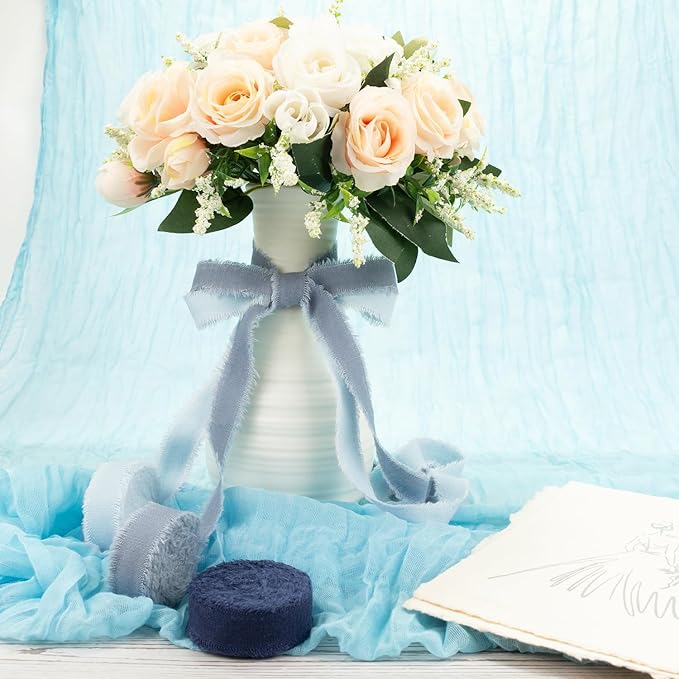 Dark Blue Cotton Ribbon 5/8 Inch Navy Blue, Dusty Blue & Baby Blue 3 Rolls 21 Yards Frayed Edge Fabric Set for Formal Wedding Decor, Graduation Party, Father's Day, Gift Wrapping & DIY Crafts