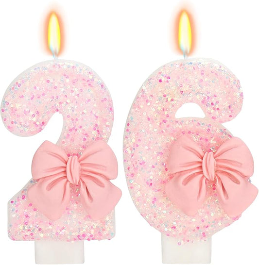 26th Birthday Candles for Cake, Pink Bow Number Cake Candles, 2.76 inch Number Happy Birthday Candle, Cake Topper Decoration for Birthday Party (Number 26)