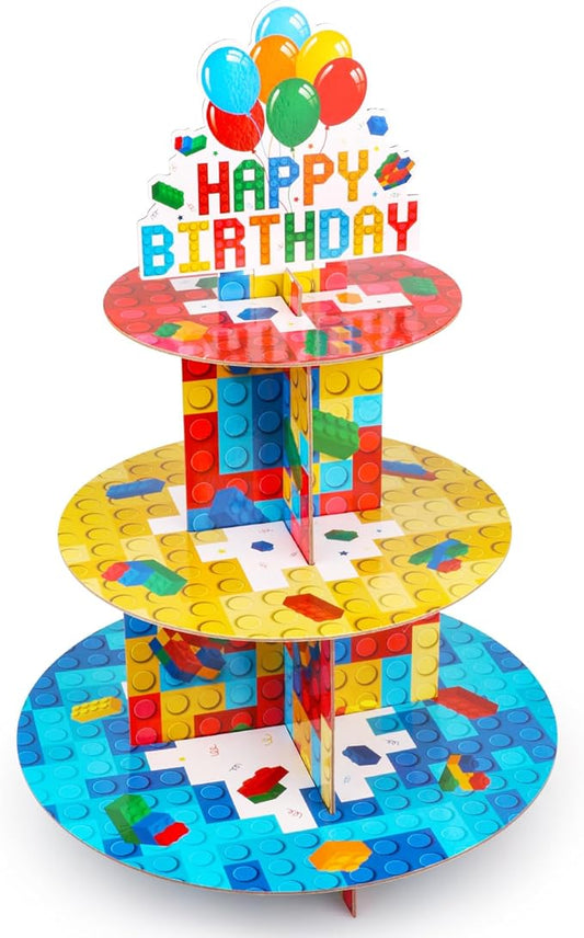 Building Block Cupcake Stand 3 Tier Birthday Party Supplies for Kids Adults Colorful Blocks Construction Cupcake Holder Brick Cake Stand Cardboard Dessert Tower Topper Cake Decorations