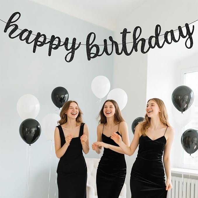 Glitter Happy Birthday Banner Sign Wall Door Banners for Women Men Boys Girls Birthday Party Backdrop Garland Decorations, Personalized Letters Name Banners Connected Black
