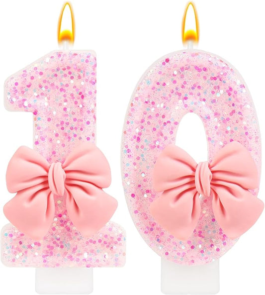 Number 10 Birthday Candle, Pink Bow Birthday Candles, Glitter Candle Cake Topper, Happy Birthday Cake Decoration Gifts, Anniversary Party Supplies for Girl