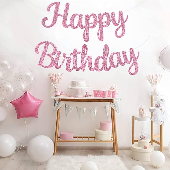 BEISHIDA Happy Birthday Banner - NO DIY,Pink 10Feet Pre-Strung-Glitter Birthday Sign Garland Backdrop Decorations for Women men Party