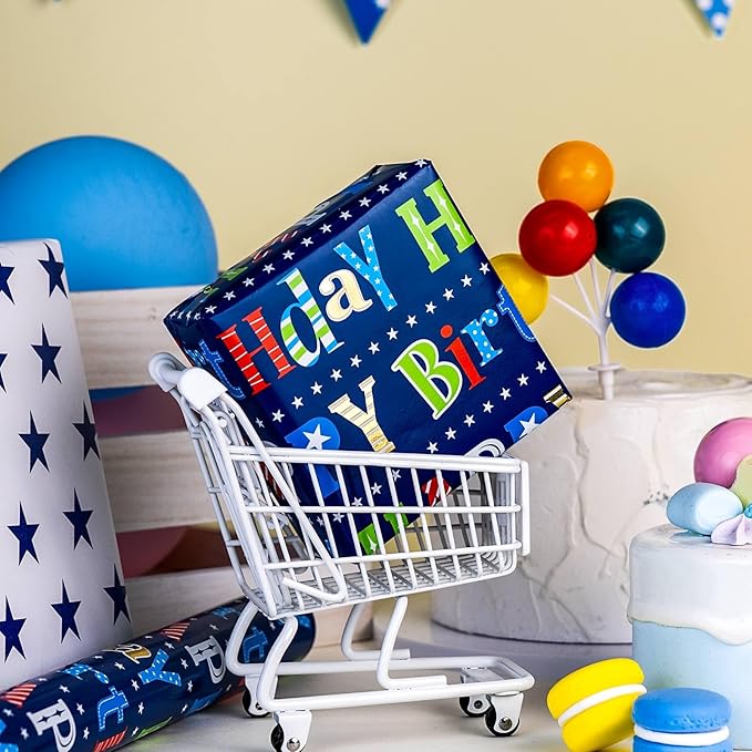MAYPLUSS Happy Birthday Wrapping Paper Roll - 17 Inch X 16.5 Feet - Metallic Navy Blue Star Birthday Gift Wrapping Paper for Men, Boy, Baby Shower, Holiday
