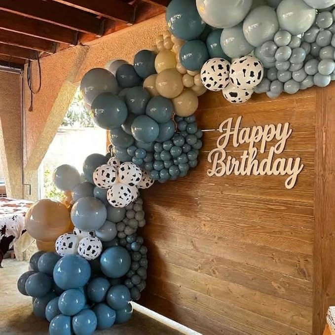 Cowboy Balloons Garland Arch Kit - 5 10 12 18 inch Brown Slate Blue Dusty Blue Sand White Cow Print Balloons for Anniversary, Baby Shower, Birthday, Farm, Western, Cowboy Party Decoration