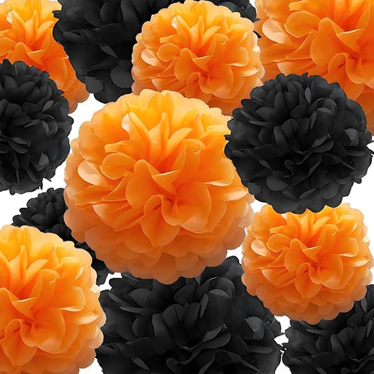 Black Orange Tissue Paper Pom Poms 12Pcs- Hanging Paper Flowers for Halloween Wedding Birthday Graduations Christmas and Special Occasions(10 & 12 inch) ﻿
