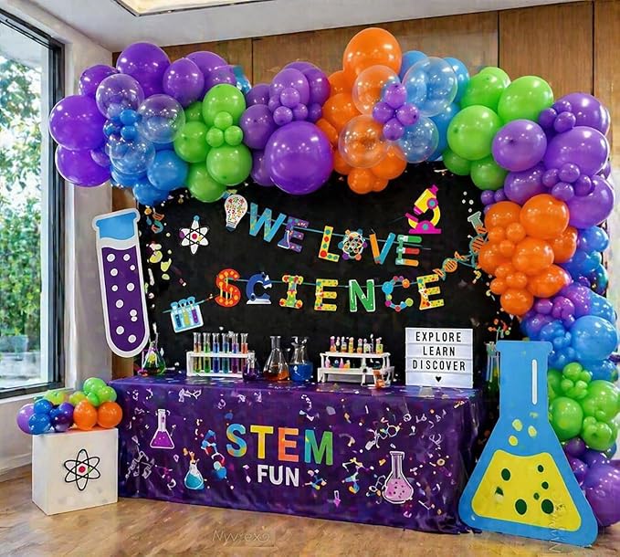 141PCS Science Party Decorations, Banner, Rainbow Balloon Arch Garland Kit for Lab Week, Mad Science Fun, Scientist Students Schoool Educational Theme Subject, Happy Pi Day Birthday Party