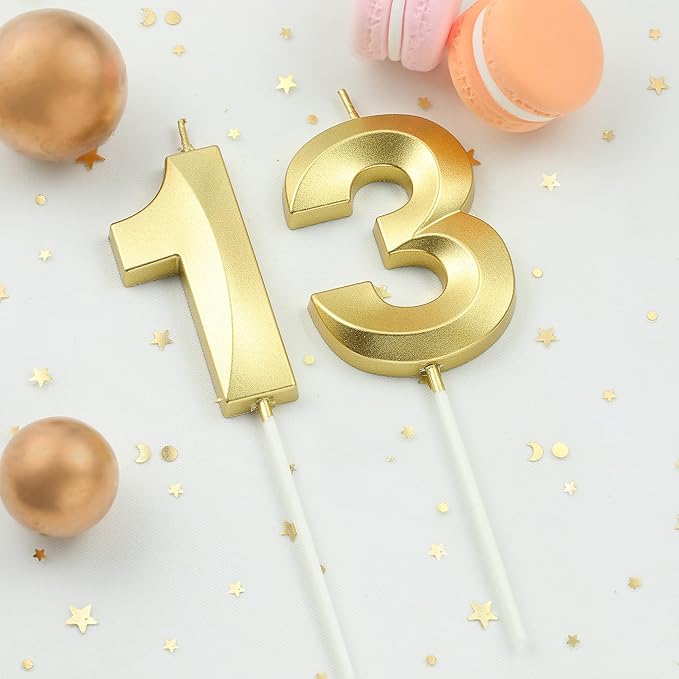 2.76 Inch Diamond Gold 13 Number Birthday Candles, Gold and Cake Number Candles for Party Celebration