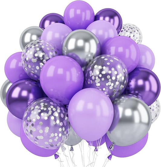 Purple Silver Balloons, 12 Inch Metallic Purple Silver Balloons Light Purple Silver Latex Balloons Lavender Silver Confetti Balloons for Princess Party Girl Birthday Wedding Baby Shower Decorations