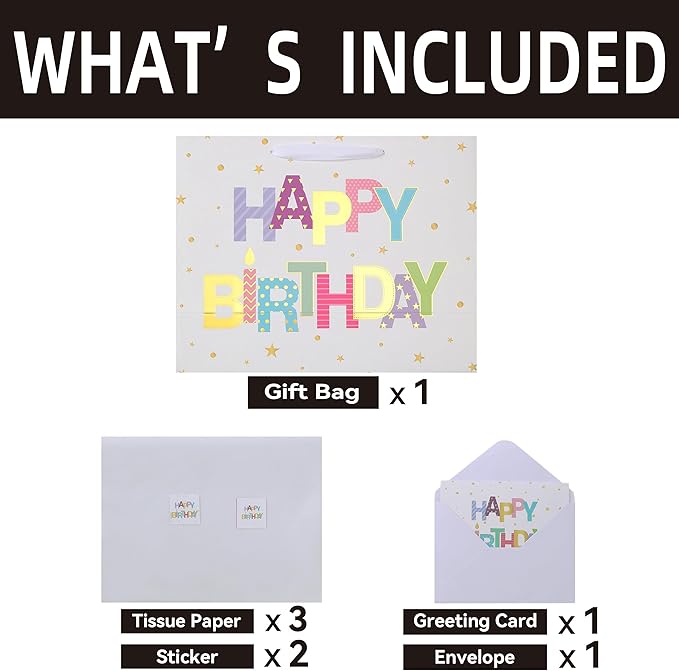 Qirrmiy 13'' Large Happy Birthday Gift Bag Set with Handles, Greeting Card, White Tissue Papers and Stickers for Women Girls Kids Teens, Foil Letter Design, 1 Pcs