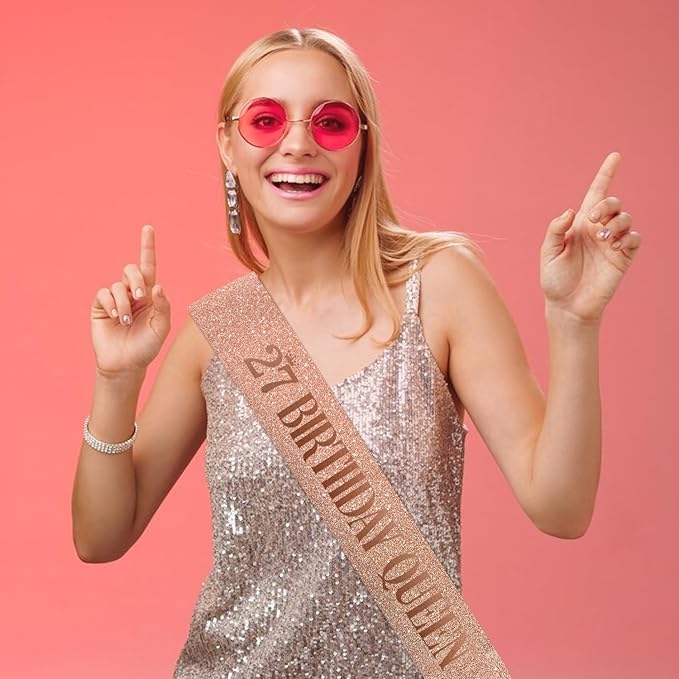 27 Birthday Queen 27th Birthday Sash for Women, Rose Gold Glitter Sash with Foil