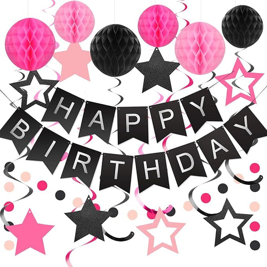 meowtastic Birthday Decorations, Happy Birthday Banner with Honeycomb Balls, Stars Hanging Swirl Streamers, Circle Dots Garland, Happy Birthday Party Decorations for Women Men Boys Girls (Black&Pink)