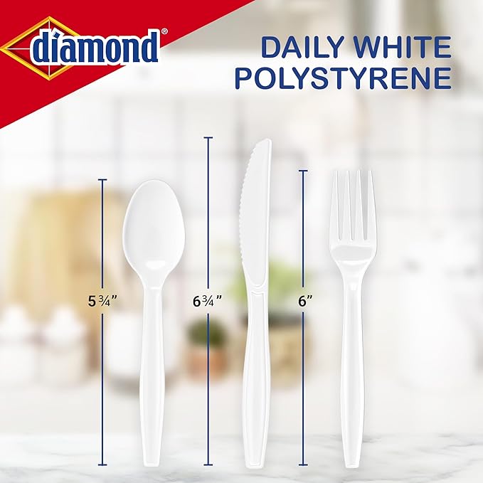 Diamond® Heavy Duty Disposable Cutlery Set 240 Count – 80 Forks, 80 Spoons, 80 Knives, Durable Plastic Utensils, Reusable Tray, Lunch, Parties, Events, Made in USA