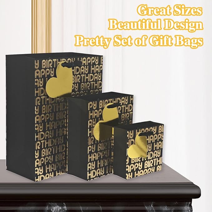 suosicn 6 Pack Black Birthday Gift Bags with Handles and 8 Pcs Tissue Paper, Assorted Sizes Metallic Letters Gift Bags for Birthday,Anniversary and Any Occasions