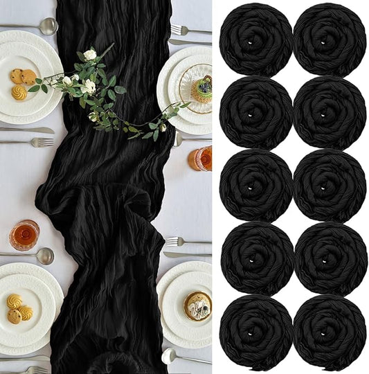 IVAPUPU 10 Pcs Cheesecloth Table Runner - 10ft Black Spring Boho Gauze Black Cheese Cloth Table Runners for Baby Shower Decorations Wedding Party Garden Farmhouse Decor