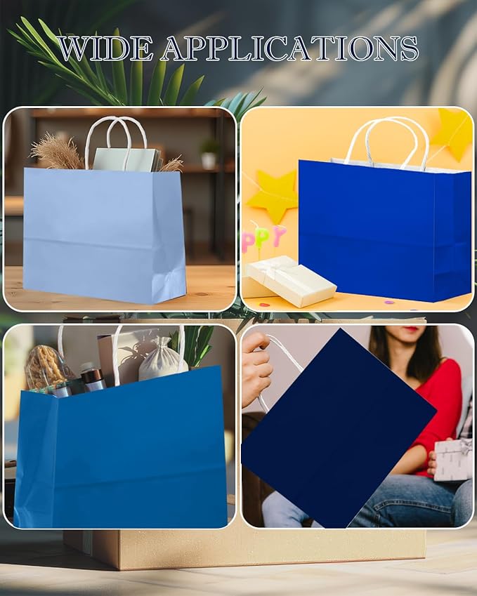 qiqee 24PCS Large Gift Bag with Handles Bulk 13"x4.5"x10" Gift Bags 6 Different Blue Color Bags Multiple Uses (32x11x25cm,Wide Large)