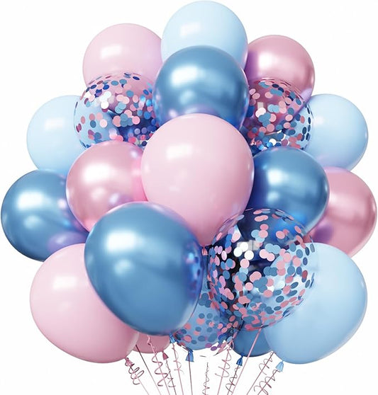Pink and Blue Balloons, 50pcs 12 inch Metallic Blue Pink Confetti Balloons for Baby Shower Theme Party Supplies Gender Reveal Birthday Party Decorations