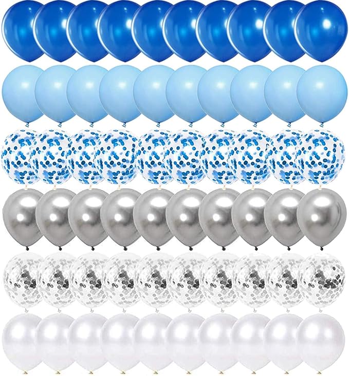OuMuaMua 62pcs Blue Silver White Confetti Balloons Kit, 12 Inch White Royal Blue Metallic Silver Confetti Balloons for Boy Birthday Baby Shower Graduation Party Supplies