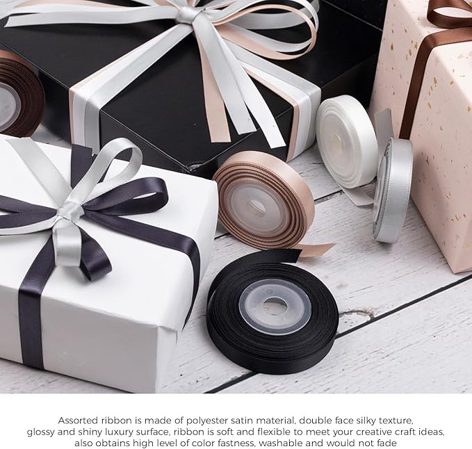 Black and White Satin Ribbon 3/8 Inch Wide Gray Brown Silver Vanilla Ribbon Assorted Solid Color Double Faced Satin Ribbon for Wedding Flower Bouquet Wrapping Gift Wrapping Hair Bows Crafts