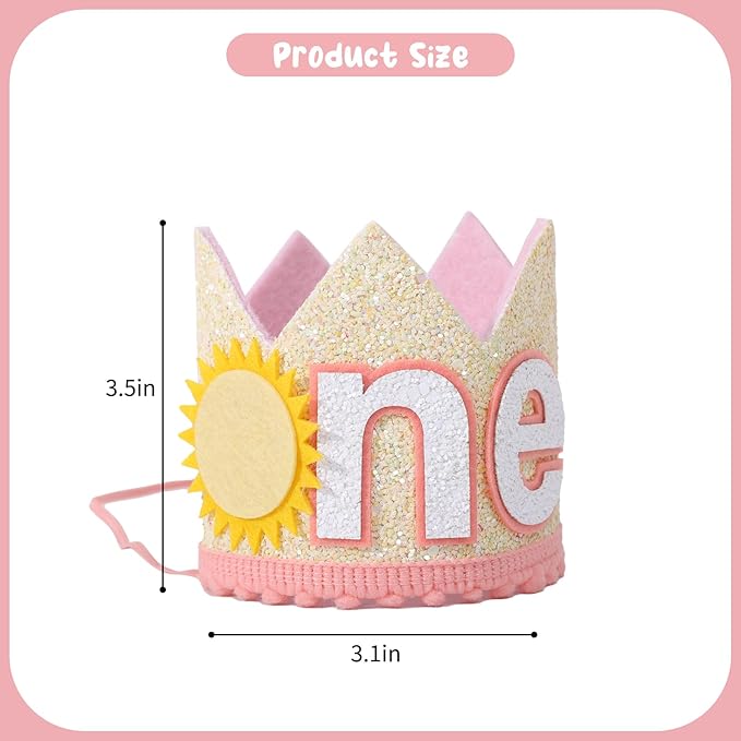 YOUAME Sunshine One Birthday Crown - Pink and Yellow Headwear for Toddlers' First Birthday, Sun Themed Party Decor, You Are My Sunshine Crown