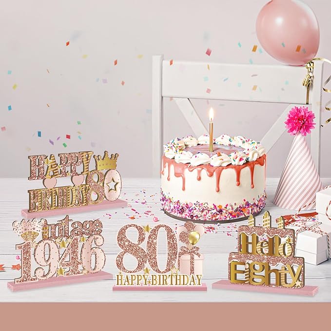 4 Pieces 80th Birthday Vintage 1946 Wooden Table Centerpieces Decoration for Women, Pink Rose Gold Happy 80 Birthday Table Sign Party Supplies, Hello Eighty Year Old Bday Table Decor
