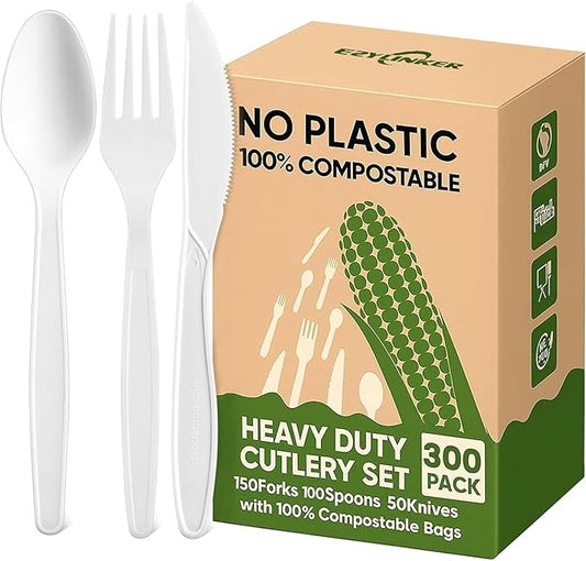 Compostable Utensils Set (300Pack), Heavy Duty & Eco-Friendly No-Plastic Spoons, Forks, Knives Cutlery Set - 100% Disposable Cornstarch Flatware for Lounge Party Wedding BBQ Picnic Camping