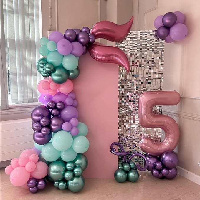 Mermaid Balloon Arch Kit, 122pcs Pink Purple Teal Mermaid Balloons with Silver Tail Foil Balloon 16ft Tape Strip & Dot Glue for Birthday Mermaid Party Decorations