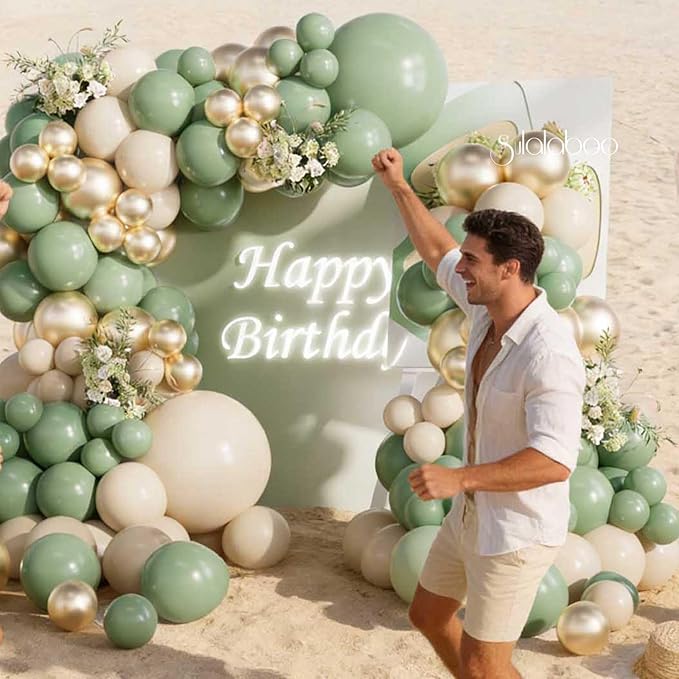 Sage Green Balloons Arch Kit 155Pcs Different Sizes of 18 10 5 Inch Latex Olive Green Sand White Metallic Gold Balloon Garland for Birthday Anniversary Wedding Party Decorations