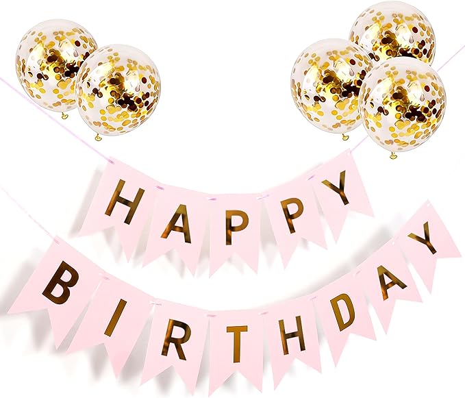 Happy Birthday Banner Sign Bunting Hanging Decorations with Shiny Gold Balloons Birthday Party Sign Decor for Party Supplies(Pink)
