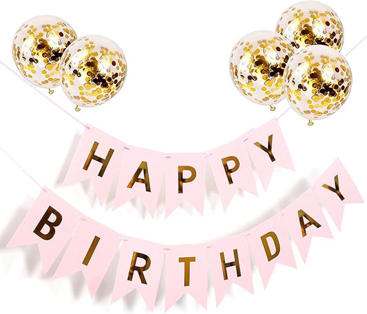 Happy Birthday Banner Sign Bunting Hanging Decorations with Shiny Gold Balloons Birthday Party Sign Decor for Party Supplies(Pink)
