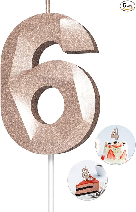 Number Birthday Candles(6 Candle Rose Gold) 3D Diamond Shape Number Happy Birthday Cake Candles for Birthday Party Wedding Decoration Reunions Theme Party