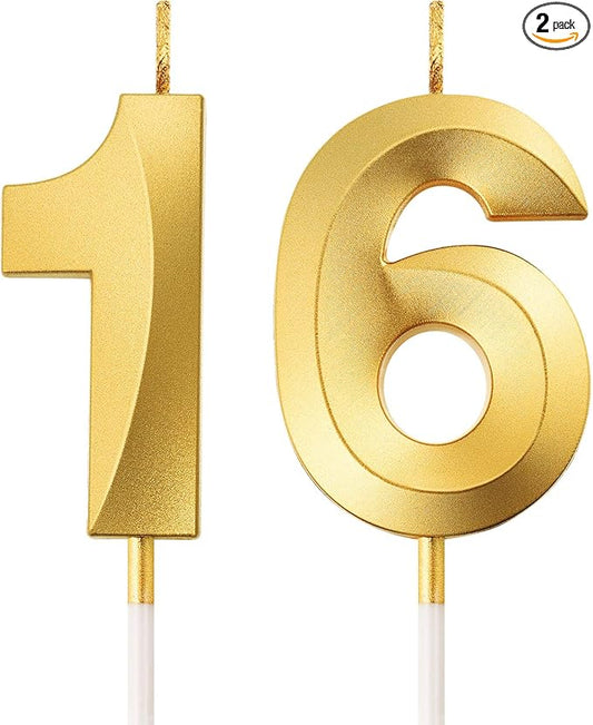 BBTO 16th Birthday Candles Number Candles Cake Topper Decoration for Birthday Wedding Anniversary Celebration Supplies(Gold)