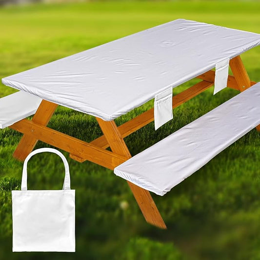 Picnic Table Cover with Bench Covers Vinyl Elastic Edges Fitted Rectangle Seat Tables Waterproof 3-Piece96X30in Set Outdoor Rectangular Folding Backing Tablecloth for Camping Over Size