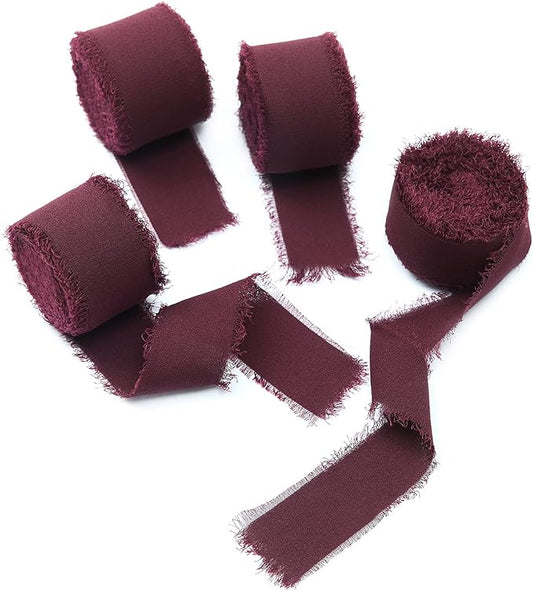 4 Rolls Burgundy Handmade Fringe Chiffon Silk Ribbon 1" W x 5Yd Per Roll,Frayed Edges Ribbon Set for Gifts Wrapping,Wedding Invitations,Bouquets,DIY Crafts (1" x20Yd, Burgundy)