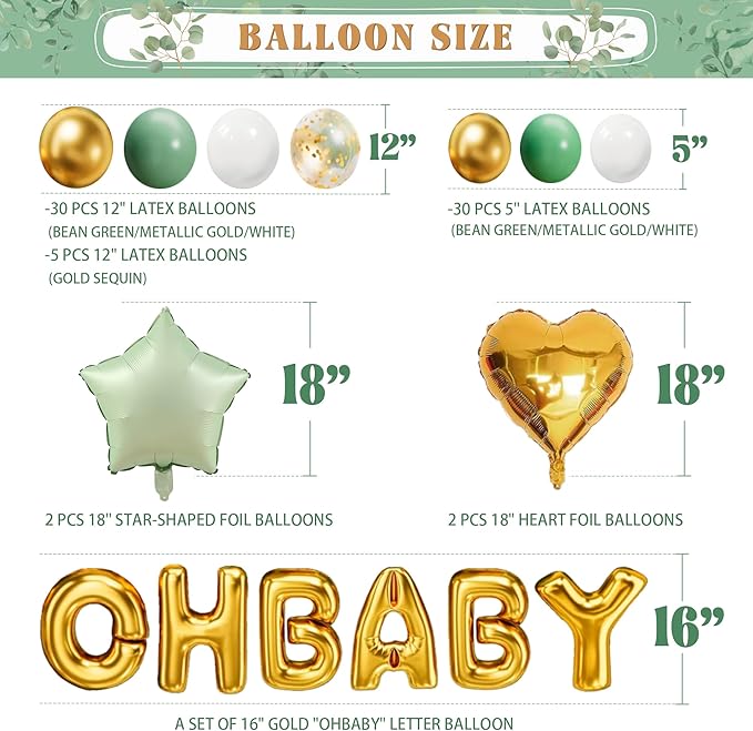 Sage Green Neutral Baby Shower All In One Set - 4 Balloon Boxes, 12 Tableware Sets with Disposable Plates, "OH BABY" Balloons, Tablecloth & Cake Toppers