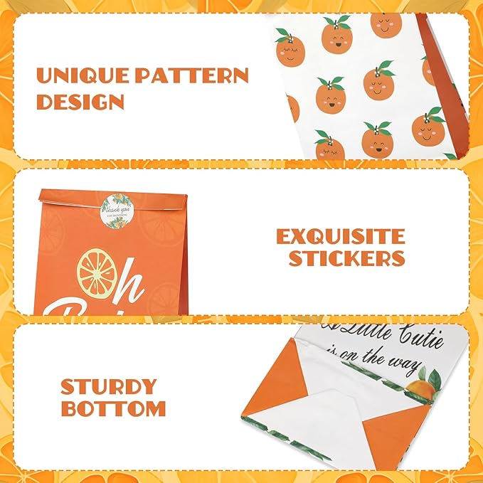 20Pcs Little Cutie Party Treat Bags with Stickers, Orange Theme Party Favor Candy Bags Kraft Paper Gift Bags, Hey Cutie Candy Goodie Bags for Baby Shower Birthday Party Summer Party Supplies
