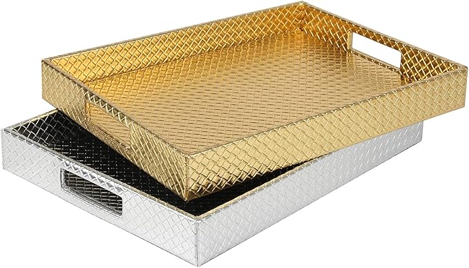 HofferRuffer Rectangle Serving Tray with Hole Handles for Coffee Table, Breakfast, Tea, Food, Butler - Countertop, Kitchen, Vanity Serve Tray, 16.2 x 12.2 x 2 inches, Faux Leather (Gold)