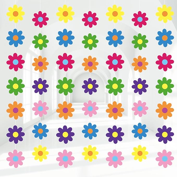 Pasimy 8 Pcs Daisy Boho Party Decorations Groovy Daisy Paper Garlands White Flower Hanging Garland Banner Hippie Flower Cutouts for Birthday Shower Wedding Party Favor Supplies(Tie Dye,Colorful)
