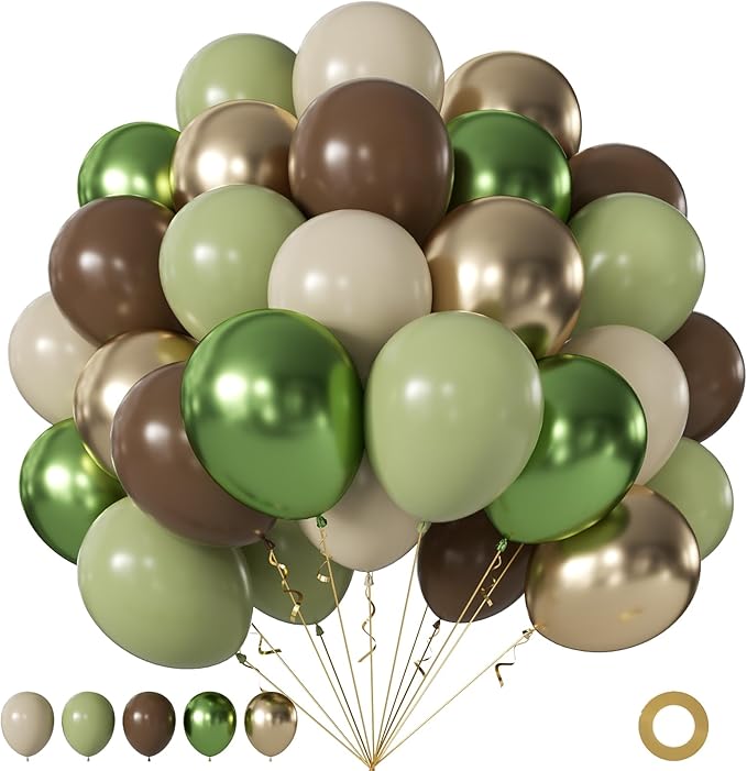 Sage Green Brown Balloons, 60Pcs 12Inch Metallic Sage Green Brown Beige Gold Balloons for Jungle Safari Woodland Hunting Theme Baby Shower Birthday Party Decorations