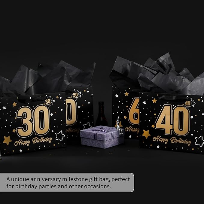 Powbrace 13" Black 40th Birthday Gift Bag with Tissue Paper and Greeting Card for Party,Happy Birthday Gift Bag for Men Women,Gift Bags Medium size(1 Black 40th)