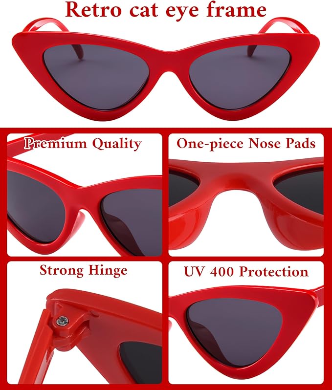PLULON Vintage Narrow Cat Eye Sunglasses Women Men Sun Glasses Retro Cateye Boys Girls Birthday Summer Beach Pool Party