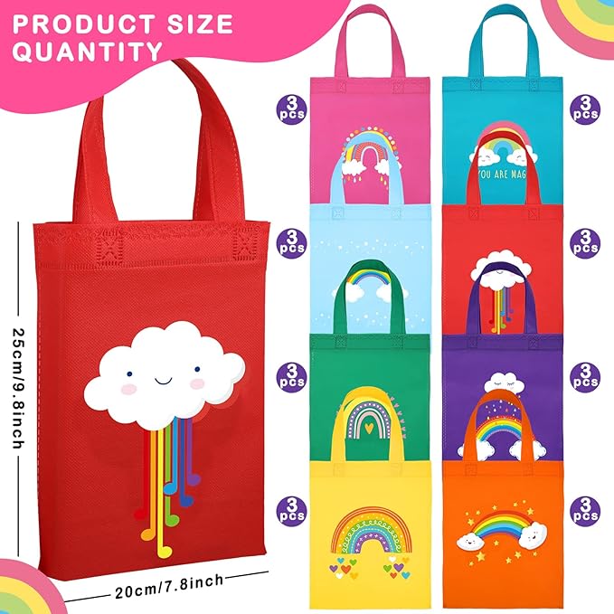 Ferraycle 24 Pcs Rainbow Party Reusable Non Woven Gift Bags Rainbow Goody Treat Bags Mini Tote Bag with Handles Birthday Supplies for Kids Party Favors, 9.8 x 7.8 Inch