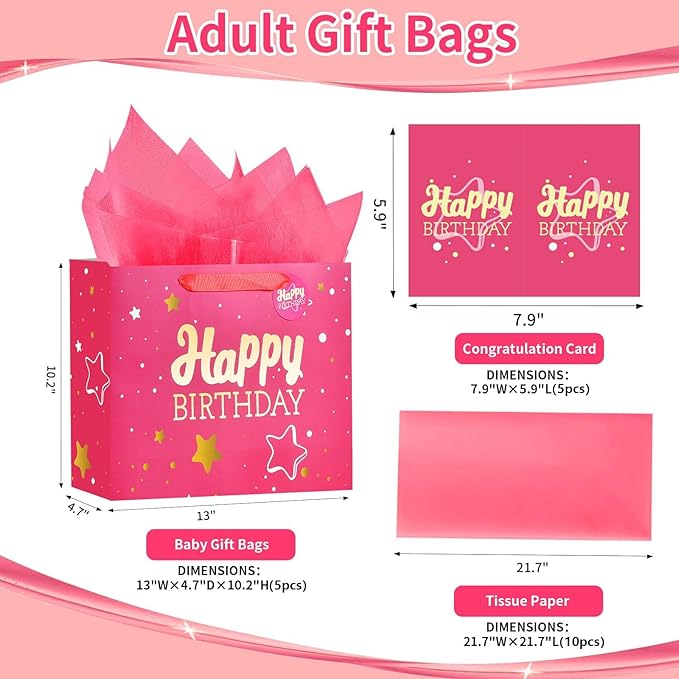 Powbrace 13" Pink Happy Birthday Gift Bag with Tissue Paper and Greeting Card for Party,Happy Birthday Gift Bag for Men Women,Gift Bags Medium size(5 PCS Pink Hot Stamping)
