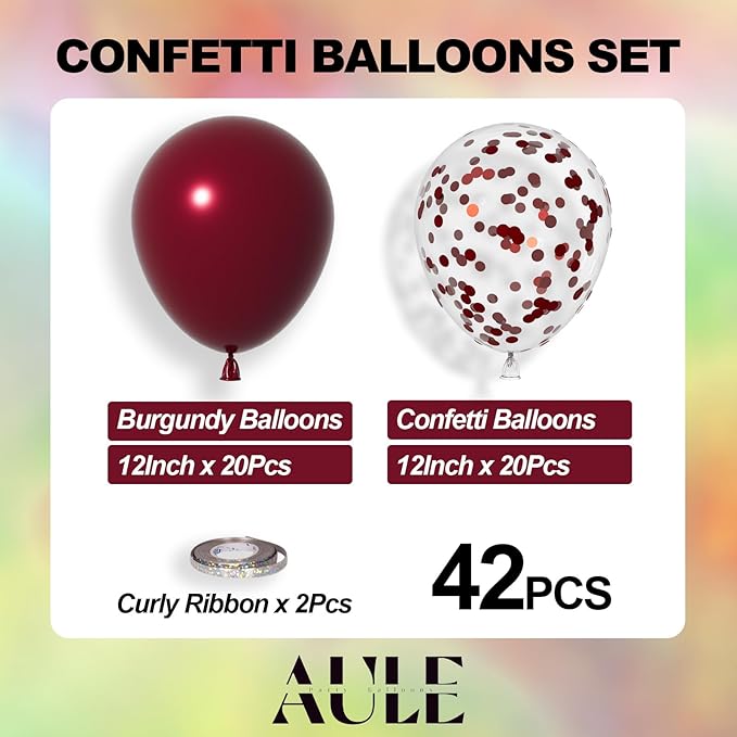 AULE Party Balloons Pack of 42 - Metallic Burgundy Balloons and Confetti Latex Helium Balloons With 64ft Ribbons - 12 Inch Mroon Chrome Balloon Decoration Set