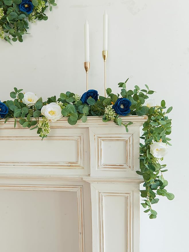PARTY JOY 6.56ft Eucalyptus Garland with Flowers-8 Blue White Roses, Artificial Fake Flowers Greenery Garland Floral Vines for Decoration Party Wedding Table Indoor Outdoor Backdrop Wall Decor